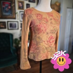 213 Floral Long Sleeve Top Tan Pink Rhinestone Vintage Y2K Fairycore Grunge S